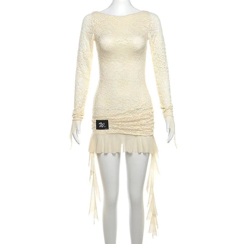 Aiertu  -  Backless Bandage Long Sleeve Dress For Women Women Sexy Y2K Lace Splice Ruched Ribbons Slim Fit Hot Girl Club Party Dress Aiertu