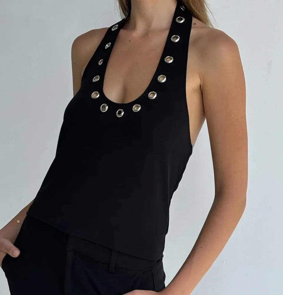 Aiertu  -  Metal Hollow Halter Neck Vest Sexy Hot Girl Plunge Bodycon Solid Color Sleeveless Tanks Casual Club Party Camis Top Y2K Aiertu