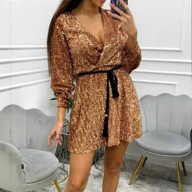 Aiertu  -  Sexy Deep V-neck Long Sleeve Mini Dress Women Fashion Shiny Sequins Lace-up A-Line Dress Fashion Hight Waist Club Party Dresses Aiertu