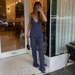 Aiertu     -  Fall Outfits 2026 Summer Sexy V Neck Camisole 2 Piece Set Women New Sleeveless Tank Top+Wide Leg Pants Sets Streetwear Fashion Elegant Print Suits Aiertu