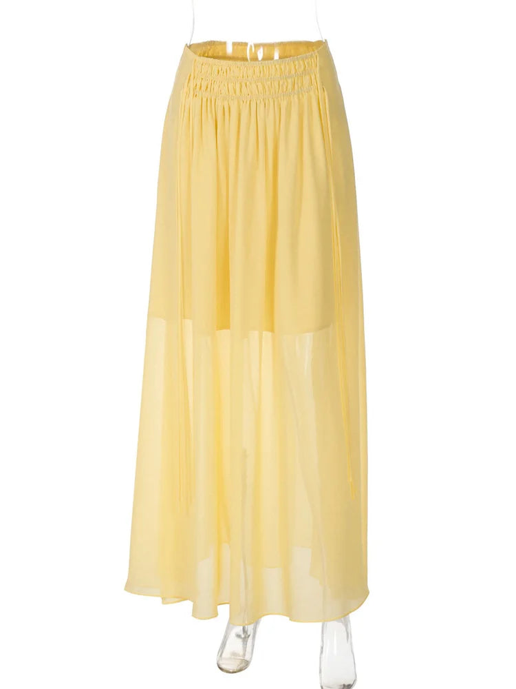 Aiertu  -  Summer Drawstring High Waist Long Skirt For Women Pleated Casual Patchwork Lace-Up See-Through Female Chiffon Maxi Skirt Aiertu