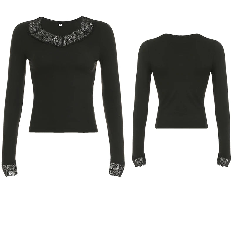 Aiertu 2025 spring fashion trend Lace Patchwork Solid Slim Tee Shirts Long Sleeves V-neck Aesthetic Fashion Clothes Vintage Streetwear Black Tops Aiertu