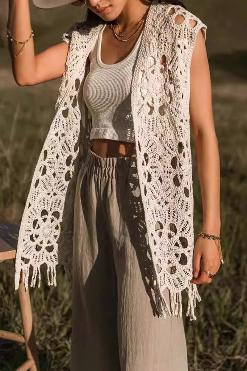 Aiertu  -  Casual Vacation Solid Color Hollow Out Fringed Hem V Neck Tops Aiertu