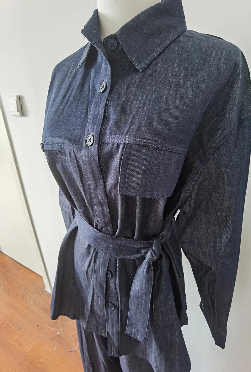 Aiertu  -  Sweet Hot Girl Suit Women's Autumn Lace-up Denim Single Breasted Shirt Loose Casual Pants Two-piece Set Fashion Female Clothes Aiertu