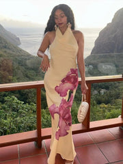 Aiertu  -  Retro Print Hang Neck Long Dress Women Elegant Sleeveless Backless Female Dresses Summer Sexy Slim Lady Evening Party Robe Aiertu
