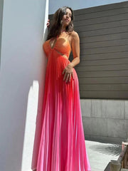 Aiertu  -  New Summer Gradient Halter Pleated Long Dress Sexy Off Shoulder Backless Wrap Chest Sundress Women's Beach Vacation Dress Aiertu