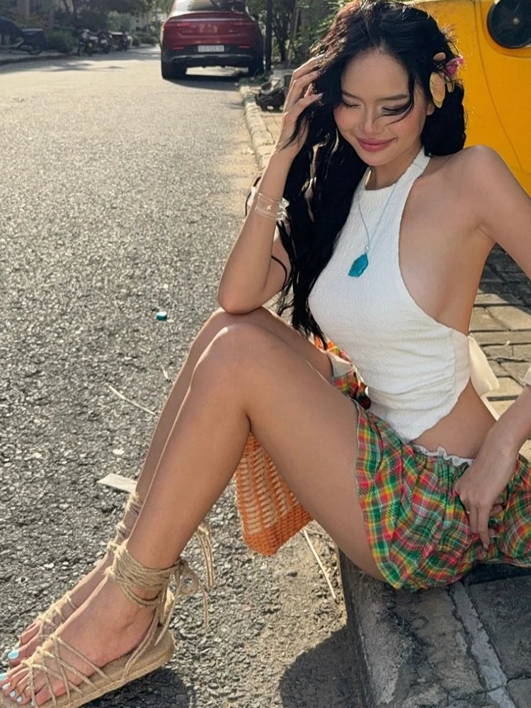 Aiertu  -   Classic Street 2-Piece Set Women Backless Halter Lace-Up Sleeveless Tops+Colorful Patchwork Lace Skirts Matching Suits Aiertu