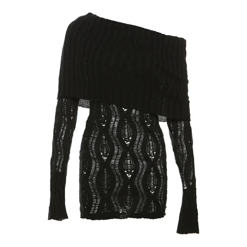 Aiertu  -  Knitted Mini Dress For Women Slim Rib High Waist Flare Sleeve Dresses Femme  Autumn Winter Bodycon Sexy Dress Woman Aiertu
