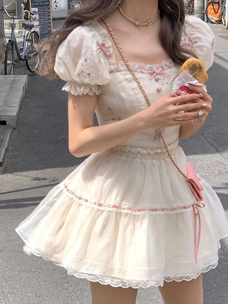Aiertu  -  Elegant Sweet 2 Piece Skirt Sets Female Lace Pleated Y2k Crop Top + Cute Mini Cake Skirts Japanese Lolita Vintage Suits Summer Aiertu