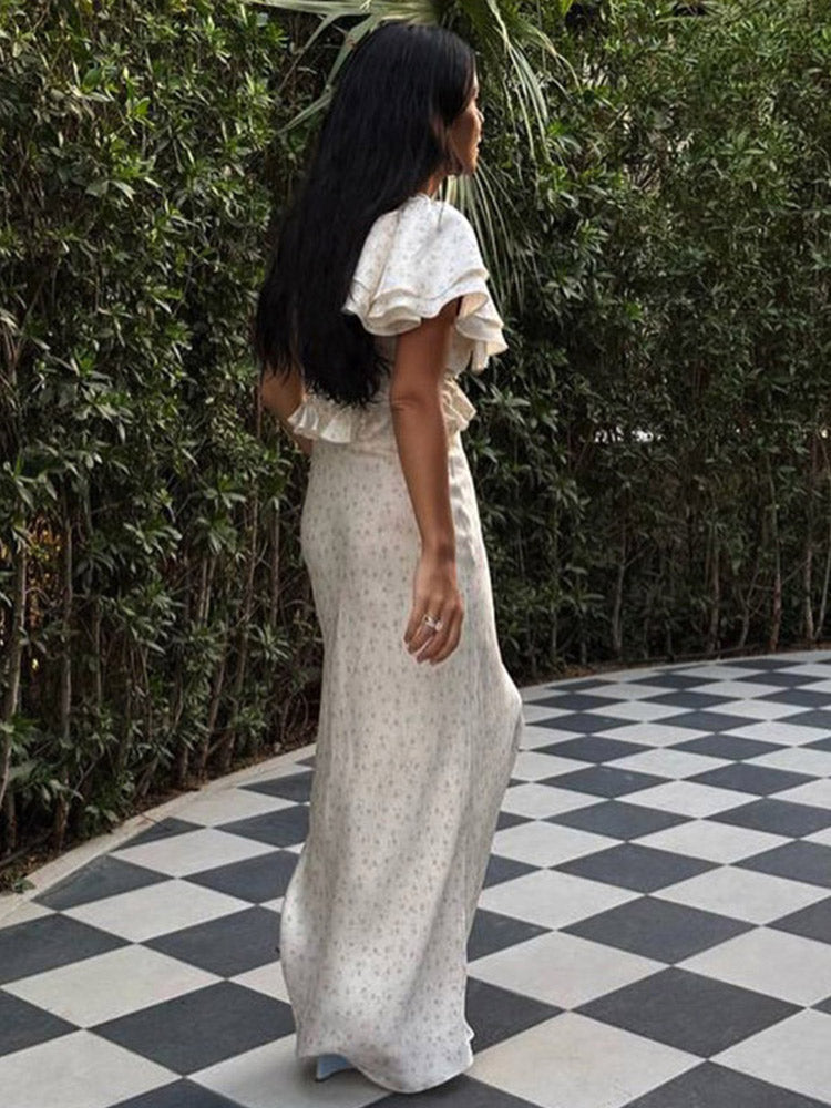 Aiertu  Elegant Floral Printed Ruffle Hem Dress Women Chic V-neck High Waist Slim Fit Long Dresses 2025 Summer Holiday Lady Vestidos Aiertu