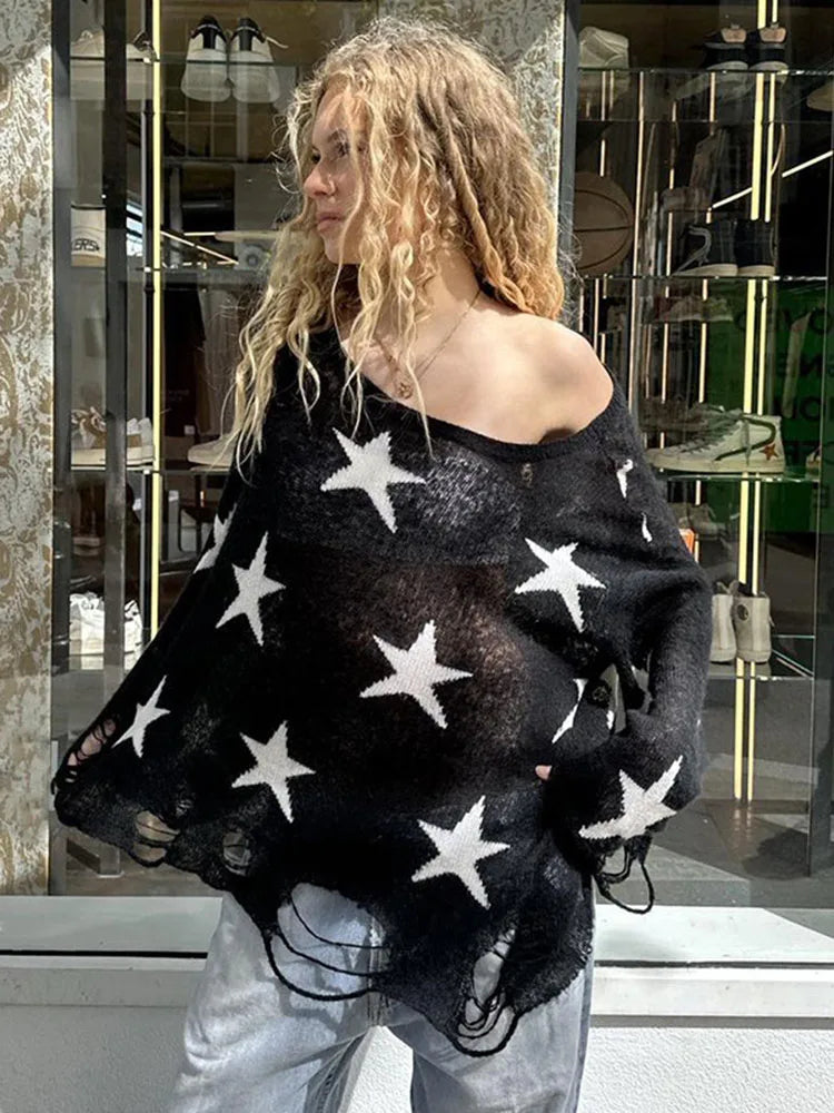 Aiertu  -  Street Stars Printed irregular Wide Collar Sweater Hot Girl Loose Thin Ripped Knit Sexy See Through Pullovers Long Sleeve Aiertu
