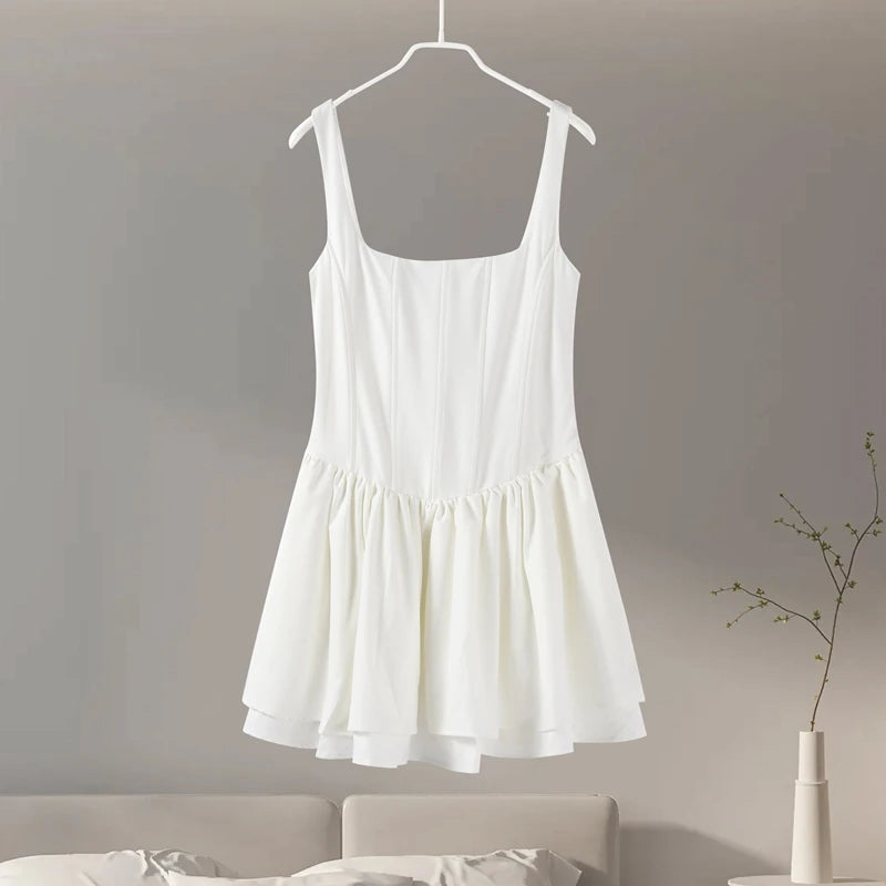 Aiertu  -  Elgant Sling Mini Dress Women Sexy Slim Square Neck Puffy Robe Female 2024 Fashion Solid Sleeveless A Line Party Dresses Lady Aiertu