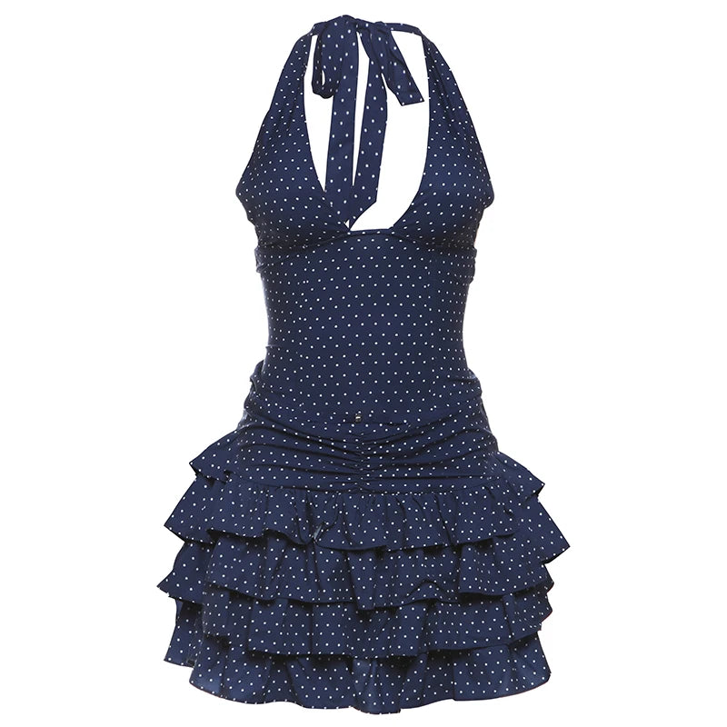 Aiertu  -  Low-Neck Polka Dots Women Two-Piece Set Halter Sleeveless Backless Mini Top+Multi-Layered Ruffles Sweet Bottoms Suits Aiertu