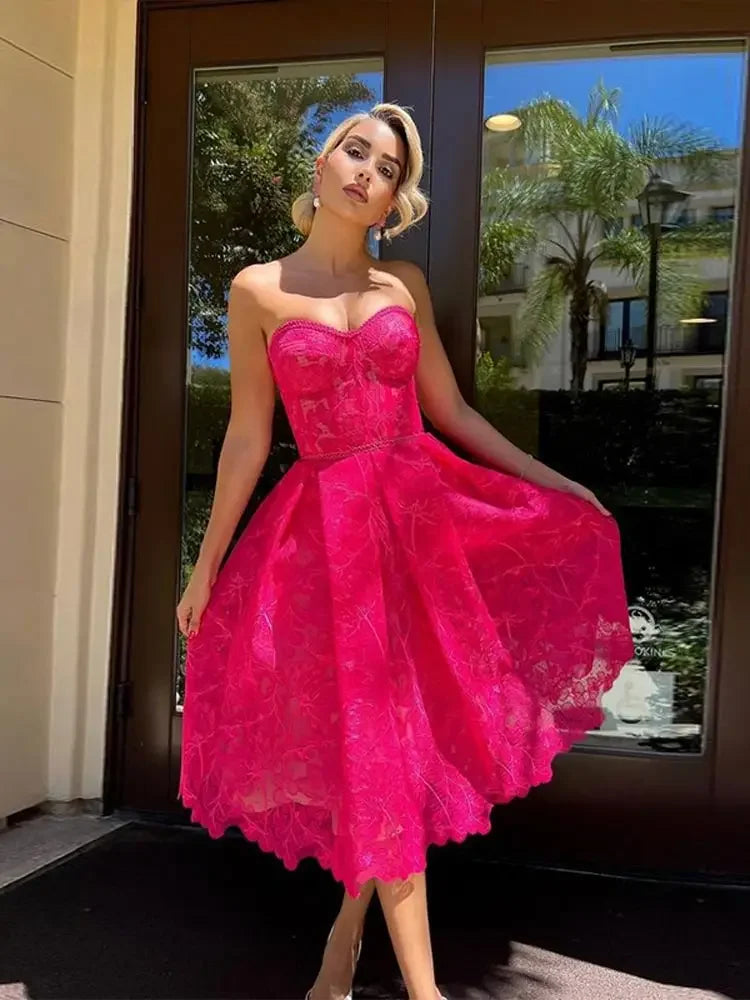 Aiertu  -  Sexy Party Dress Women Strapless Hollow Out A-line Midi Evening Dresses Female Autumn Fashion Patchwork Panelled Lady Robes Aiertu