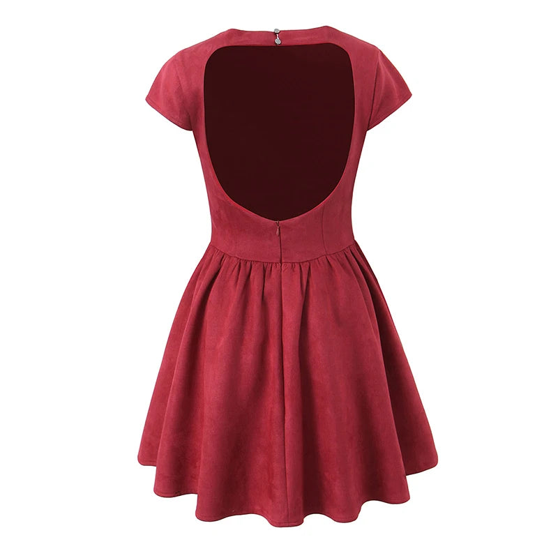 Aiertu  -  Spring 2025 Women Black Wine Red Backless Dress O Neck Short Sleeve A-line Mini Velvet Dresses Party Robe Aiertu