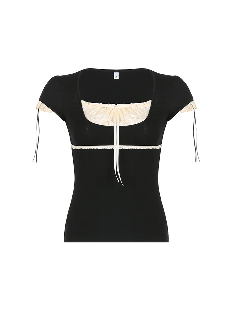 Aiertu - summer inspo Sweet Y2K Contrast Lace Patchwork Square Collar Black T-Shirt Women Short Sleeve Basic Balletcore Cute Summer Tops Aiertu
