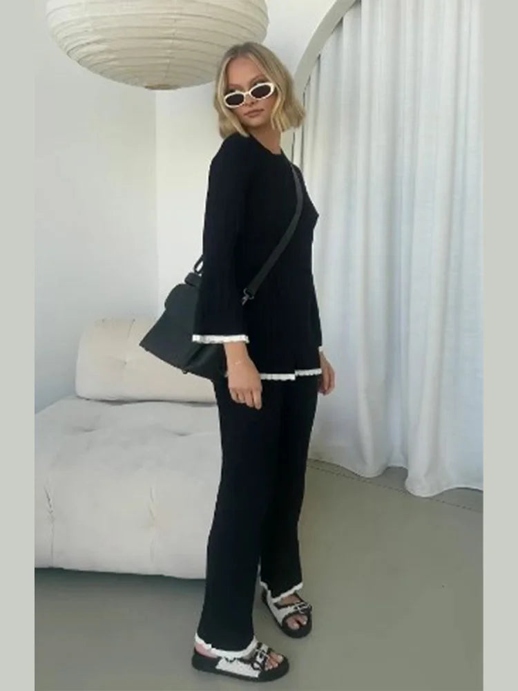 Aiertu  -  2026 Autumn Ruffle Basic Knitted Pants Set Round Neck Long Sleeves Top Wide Leg Trousers Suits Female 2026 Casual Office Outfits Aiertu