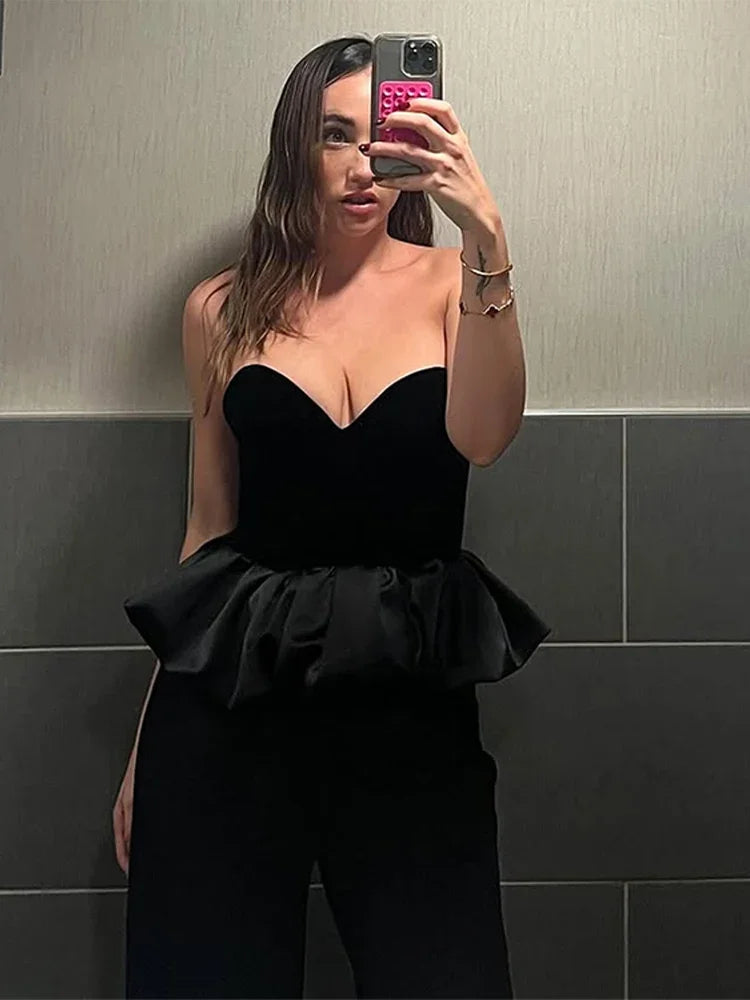 Aiertu  -  Sexy Velvet Patchwork Women Tank Strapless Sleeveless Backless Female Dresses 2025 Fashion Ruffle Hem Spring Fashion Lady Tops Aiertu