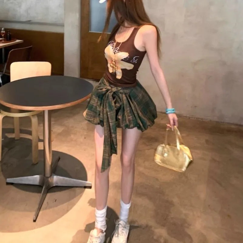Aiertu  -  Summer New American Lace-up Pleated Plaid Casual Bud Skirt Women + Floral Printed Sexy Slim Camisole Two Pieces Suit Aiertu