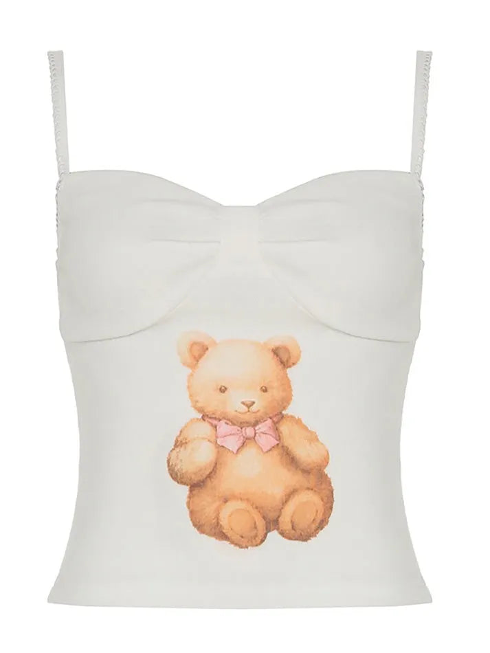 Aiertu  -Bear Print Bow Knit Tank Top aiertu