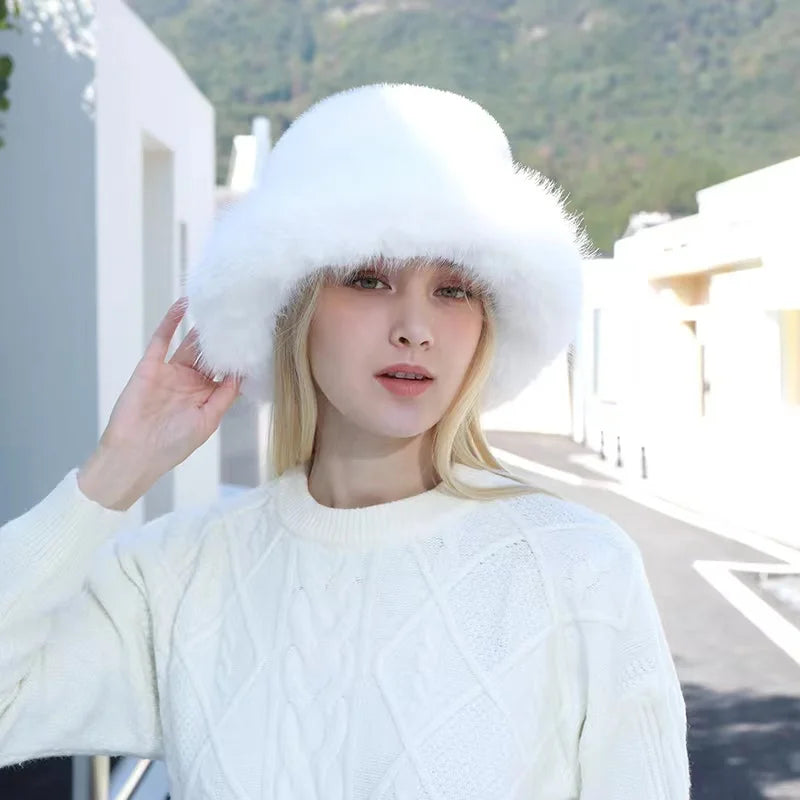 Aiertu  -  Autumn Winter Women Keep Warm Rainbow Faux Fox Fur Basin Cap Female Fashion Casual Party Bucket hat Music Festival Thickened Hat Aiertu