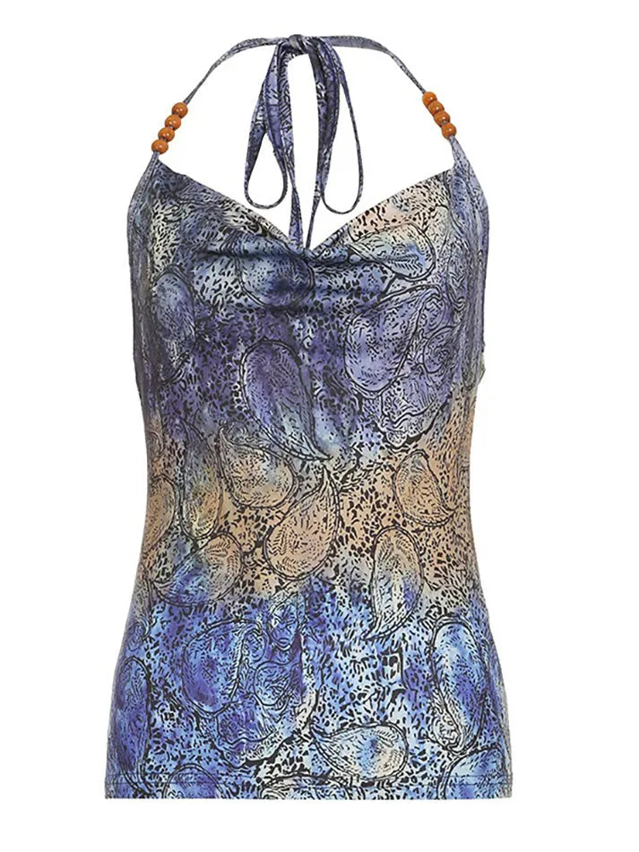 Aiertu  -Vintage Abstract Print Contrast Beaded Halter Top aiertu