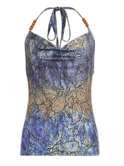Aiertu  -Vintage Abstract Print Contrast Beaded Halter Top aiertu