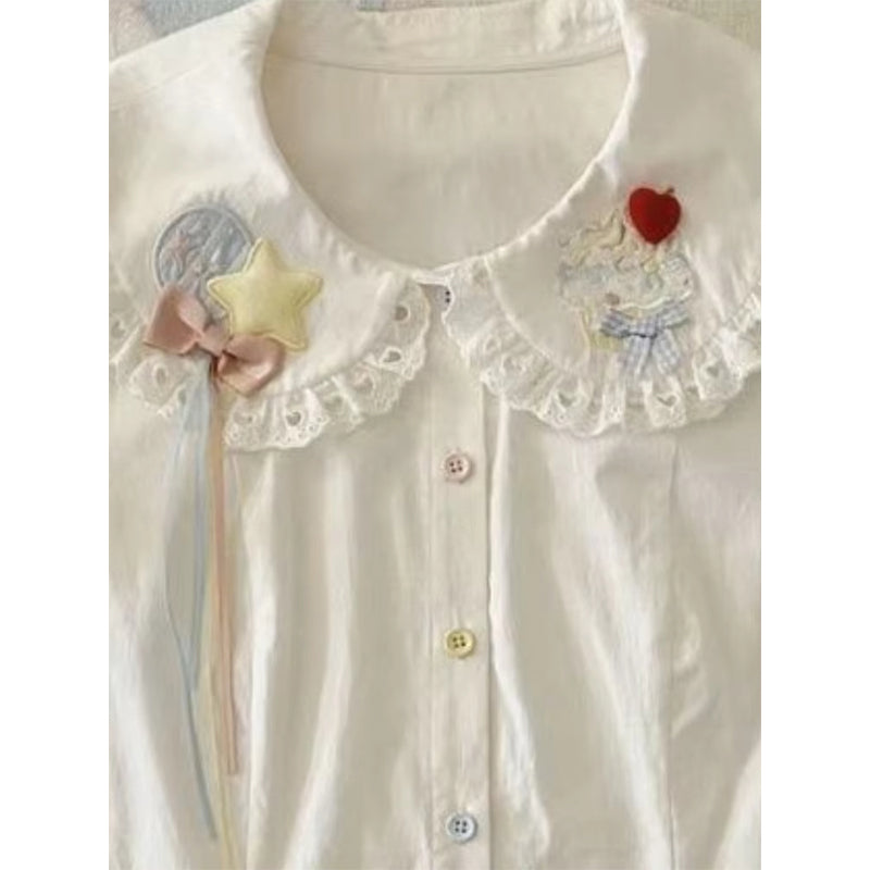 Aiertu Japanese Kawaii White Shirts Women Jk Lolita Bow Embroidery Blouses Summer Y2K Aesthetic Lace Patchwork Short Sleeve Tops Aiertu