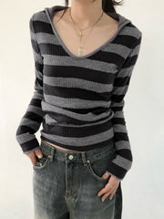 Aiertu - summer inspo Black Dark Gray Stripe Hooded T-Shirt Women V Neck Slim Long Sleeve Basic Spring Autumn Ribbed Top Preppy Streetwear Tee Aiertu