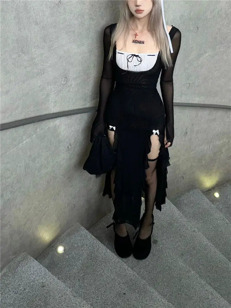 Aiertu  -  Sexy Japanese Constrast Color Big Square Collar Dress Sweet Bow Appliques Y2k Aesthetic Streetwear Clothing High Split Dresses Aiertu