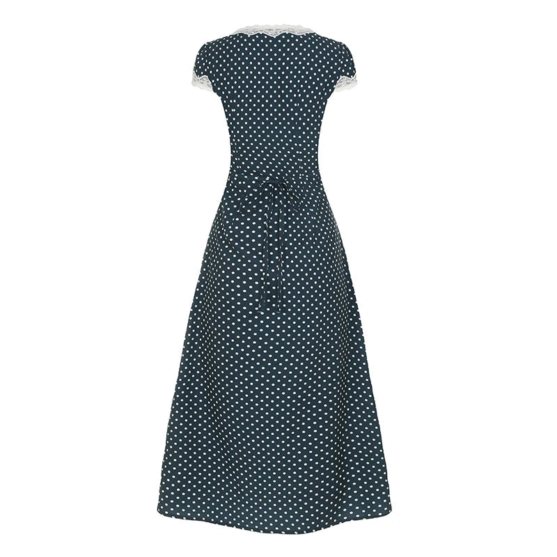 Aiertu  Fashion Dot Print Lace Trim V-Neck Women Elegant Dresses Summer Causal Design Trendy Frocks Aiertu
