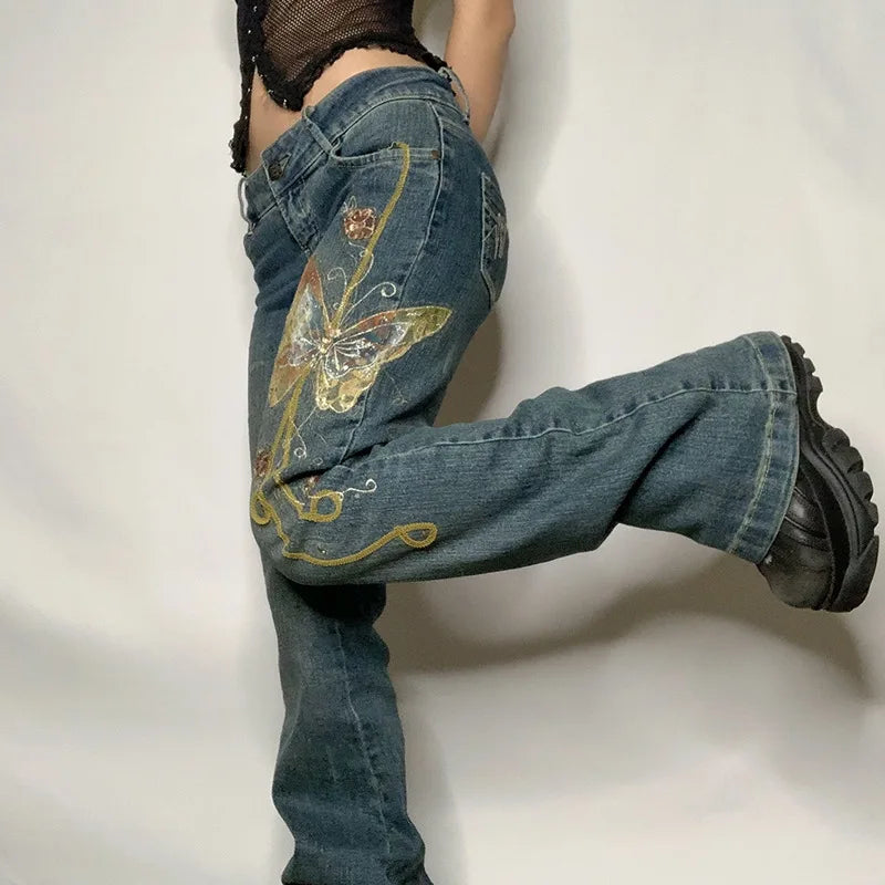 Aiertu  -  Fashion Y2k Pants Cyber Y2k Jeans Emo High Street Spice Retro Butterfly Print Grunge Fairy Jeans Alt Cloth Harajuku Mom Jeans Aiertu