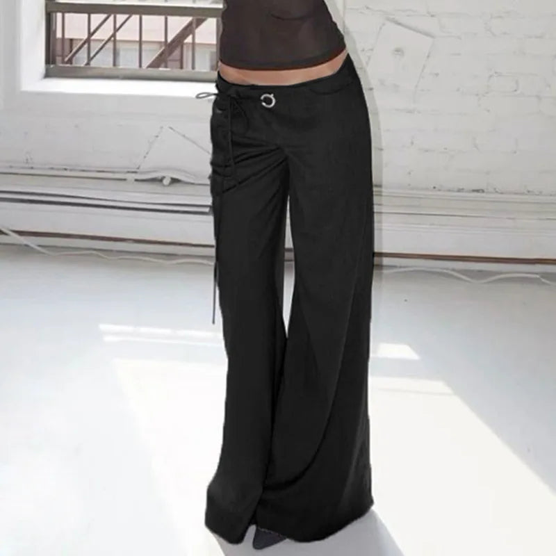 Aiertu  -  Lace-up Low Rise Baggy Pants New Arrivals 2025 Woman Gray Black Wide Leg Trousers Elegant Clothes P77-DA40 Aiertu