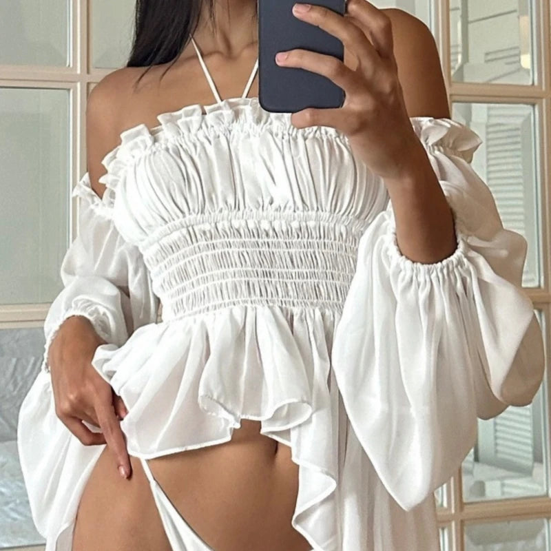 Aiertu  Off Shoulder Ruffles Sexy Lantern Long Sleeve Halter Backless Fashion All-match Crop Tops Y2K Summer Streetwear Blouses Aiertu