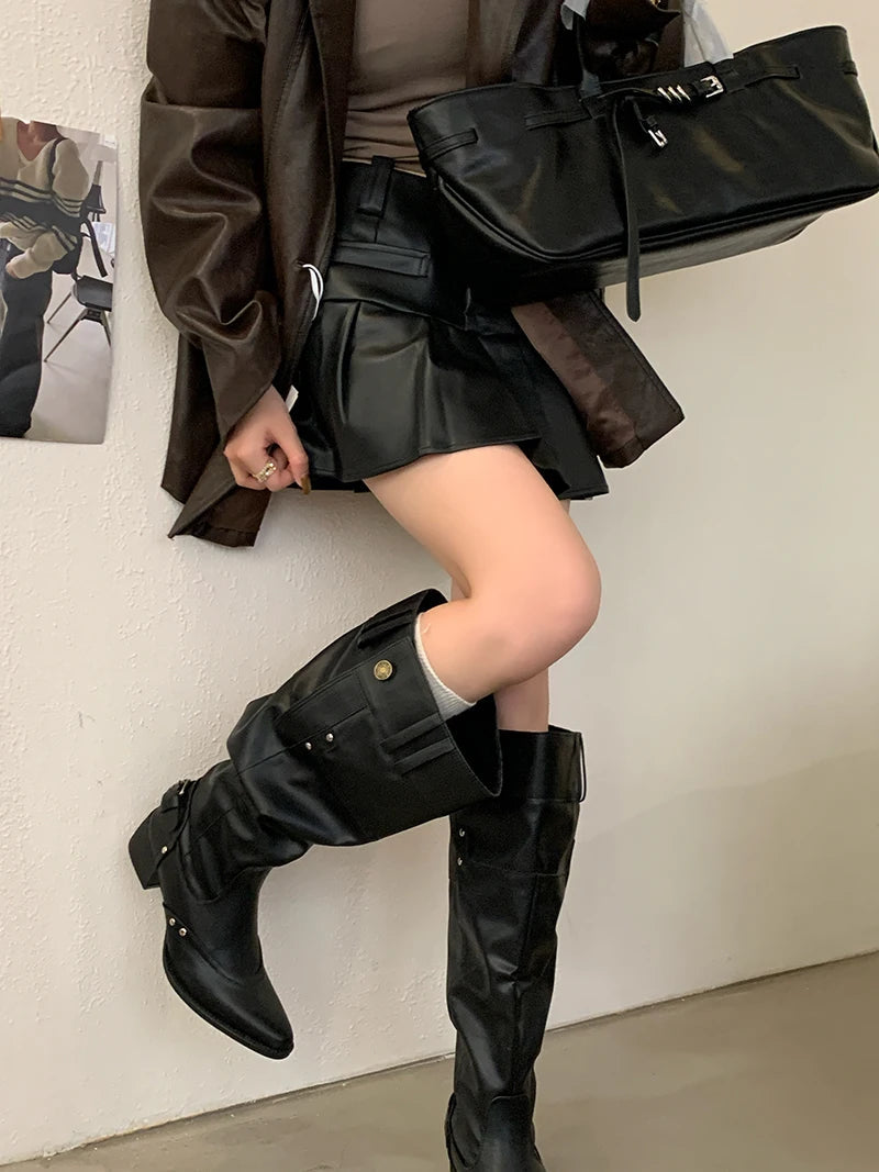 Aiertu    -  Black Boot Knee High Long Shoes Woman Pointed Toe Chunky Heels White Winter Boots Fashion Belt Buckle Rivet Wide-Leg Ladies Shoe Aiertu