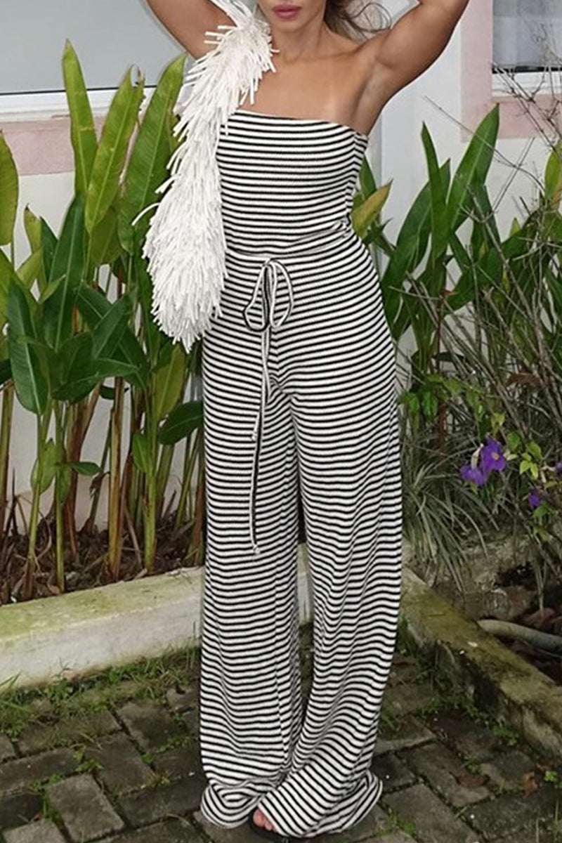 Aiertu  -Casual Stripe Patchwork Backless Strap Design Strapless Loose Jumpsuits aiertu