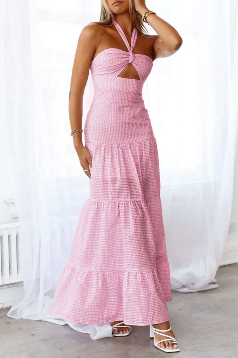 Aiertu  -Casual Jacquard Lace Up Halter Long Dresses aiertu