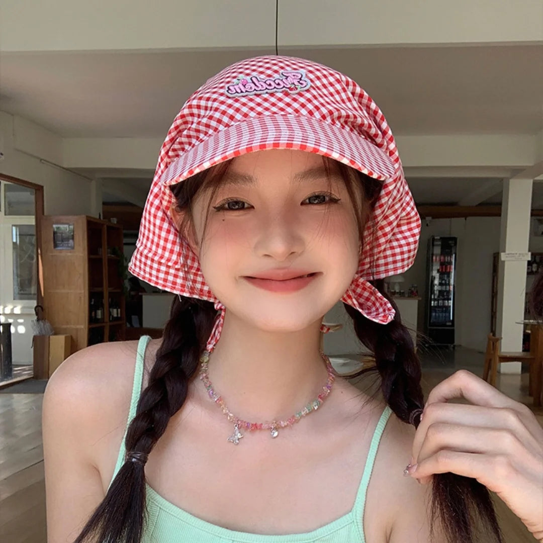 Aiertu  -  Sweet Cool Lattice Headscarf Hats Women Girl Summer Sun Protection Baseball Caps Adjustable Foldable Beach Hat Portable Sun Hat Aiertu