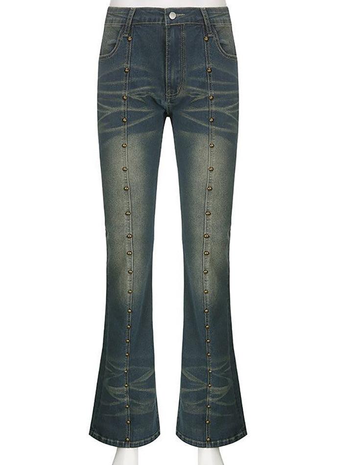 Aiertu  Low Rise Studded Slim-Fit Washed Boot-Cut Jeans Aiertu