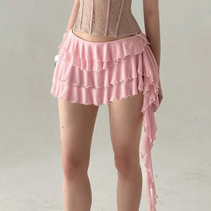 Aiertu  -  Vacation Tiered Layer Ruffles Mesh Mini Skirt Fairycore Irregular Ribbon Skirt Beach Young Hot Girl's Pink Skirt Summer Aiertu