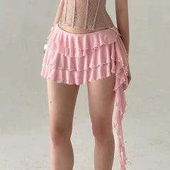 Aiertu  -  Vacation Tiered Layer Ruffles Mesh Mini Skirt Fairycore Irregular Ribbon Skirt Beach Young Hot Girl's Pink Skirt Summer Aiertu