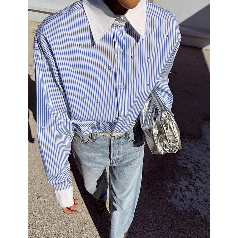 Aiertu  -  Elegant Striped Shirts Women Fashion Beading Patchwork Blouses Office Ladies Korean Oversize Long Sleeve Design Tops New Aiertu