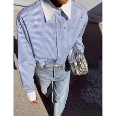 Aiertu  -  Elegant Striped Shirts Women Fashion Beading Patchwork Blouses Office Ladies Korean Oversize Long Sleeve Design Tops New Aiertu