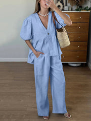 Aiertu  Cotton Loose Female Pajama 2 Piece Suit Short Sleeve Nightgown Sexy V-Neck Sleepwear Pants Casual Women Nightwear Set Aiertu