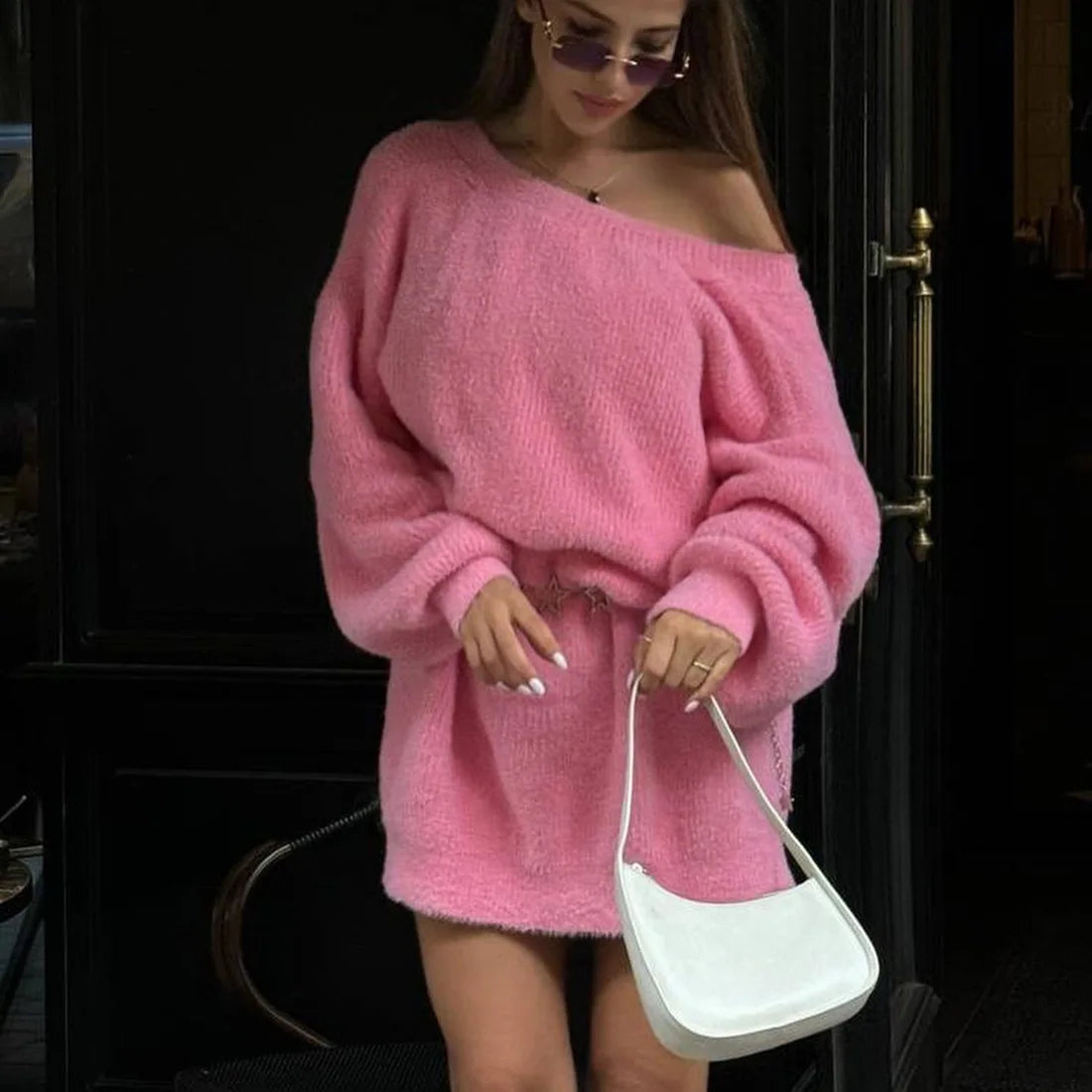 Aiertu  -  Faux Mink Pullover Sweater Female V-neck Reversible Autumn Winter Lanter Sleeve Loose Midi  Knitted Sweater Solid Elegant Aiertu