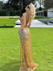 Aiertu  -  Vacation Shiny Sequins Extra-Long Camisole Women 2025 Y2K Summer Trend Backless See Through Hem Wild Fashion Outfits Aiertu