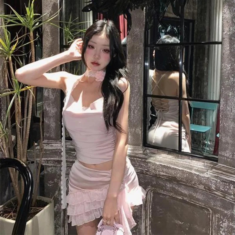 Aiertu  -  Sweet Hot Girl Sexy Suit Women's Summer Lace Camisole Vest High Waisted A-line Short Skirt Two-piece Set Fashion Female Clothes Aiertu