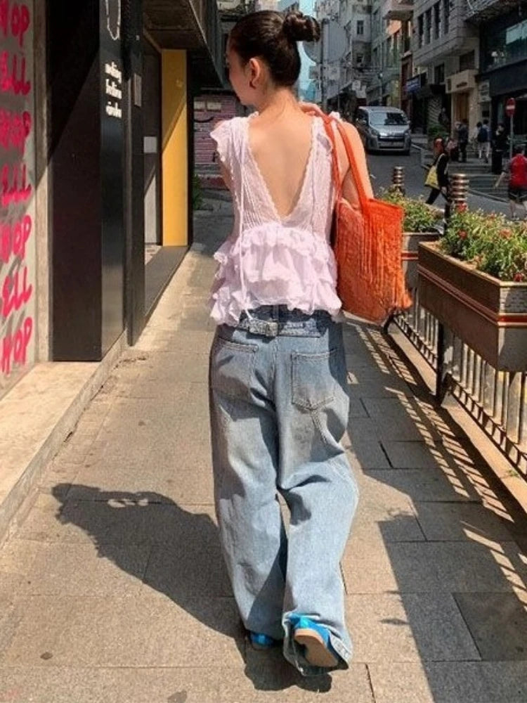 Aiertu  -  Y2k Aesthetic Sweet Fairy Tank Top Harajuku Lace Patchwork Ruffled Camisole 2026 Summer Grunge Backless Bandage Cropped Tanks Aiertu