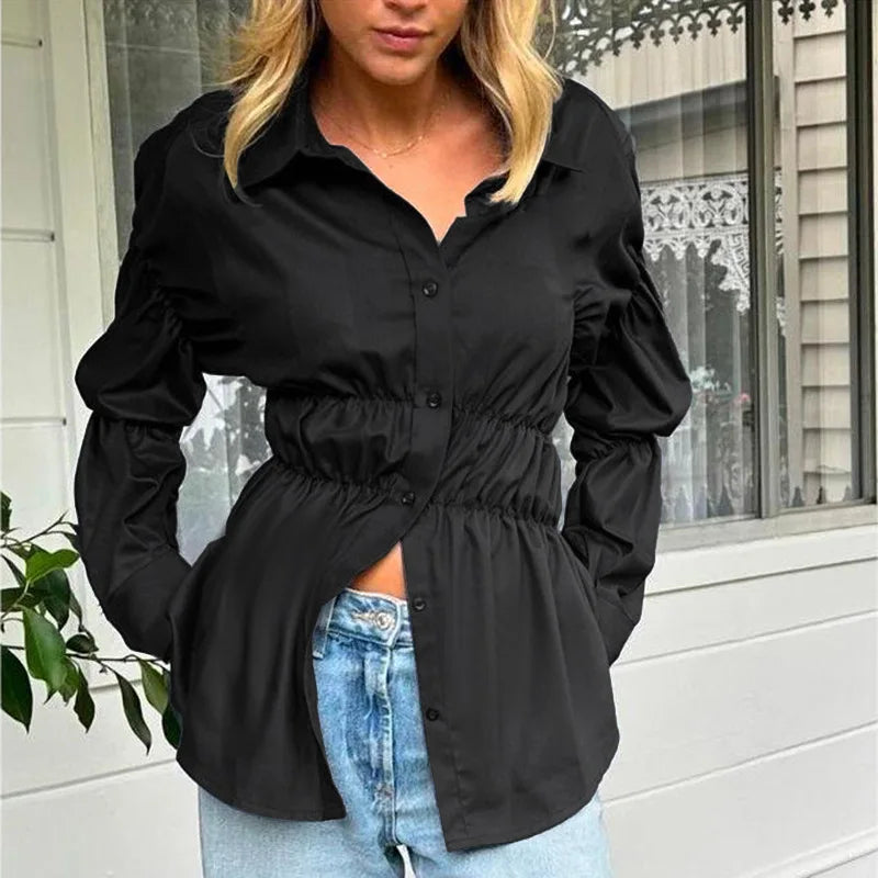 Aiertu  -  Elegant Fashion Shirring Button Shirt Women Casual Solid Long Sleeve Lapel Blouses Shirts Spring Slim Tops Tunic Blusas Streetwe Aiertu