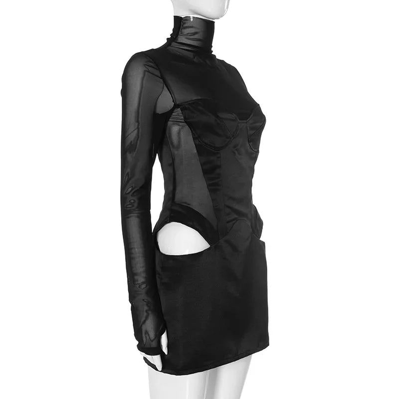 Aiertu  -  Sexy Women Mesh Turtleneck Mini Dress Fashion Patchwork Long Sleeve Satin Cut Out Dress Bodycon Short Club Party Dresses Aiertu